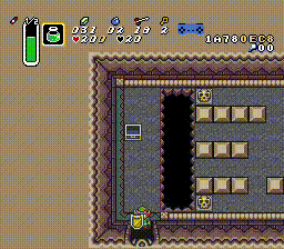 No red cane or hookpush required. Access Tile Room and Compass Room from Firesnake room using a green or red potion. After using the potion, be sure to move the camera up using left or right on the d-pad. Camera frame needs to be moved up to the 2nd notch on the door frame (see gif).